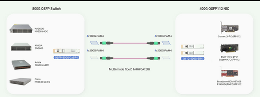 Explore the 800G Switch to 400G NIC solution using NVIDIA SN5600, 4x100G PSM4, and Q112-400G-SR4 optics. Enable scalable high-performance network architecture.